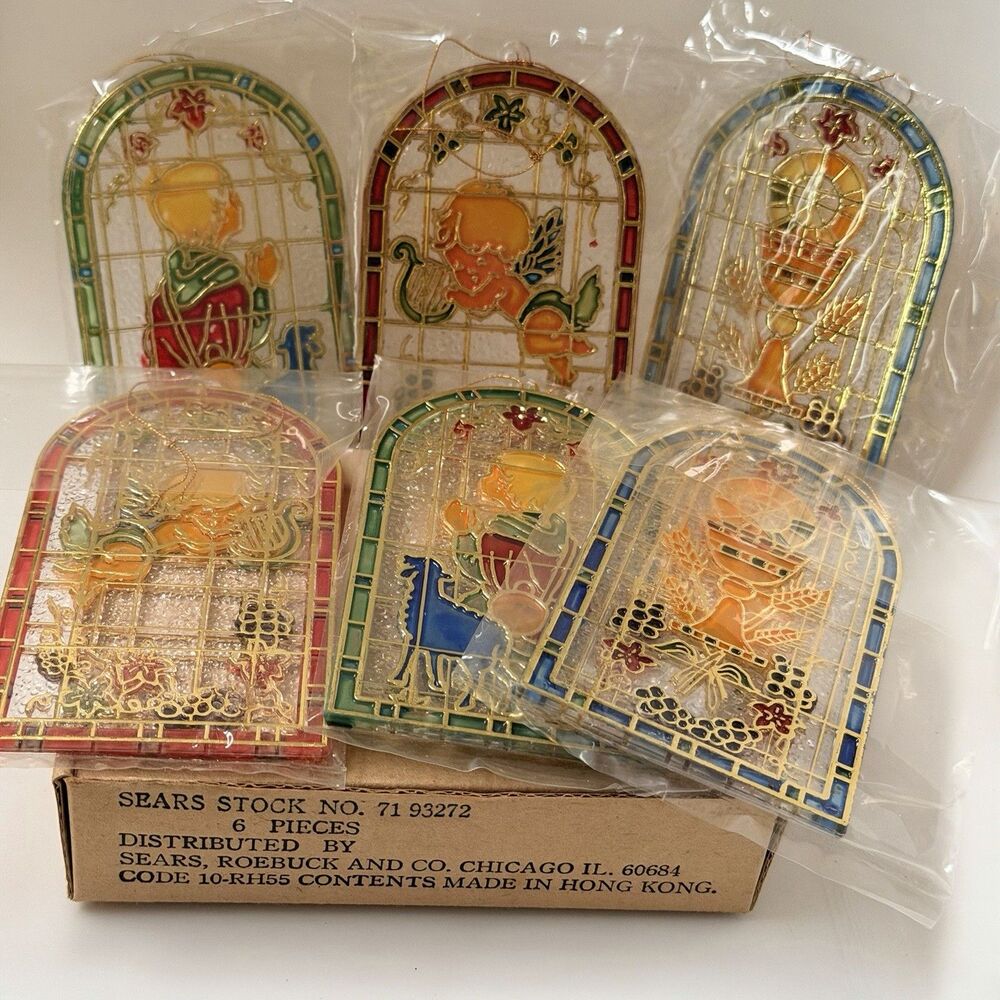 VTG Sears Faux Stained Glass Christmas Ornaments Cathedral Window Holiday NOS HK